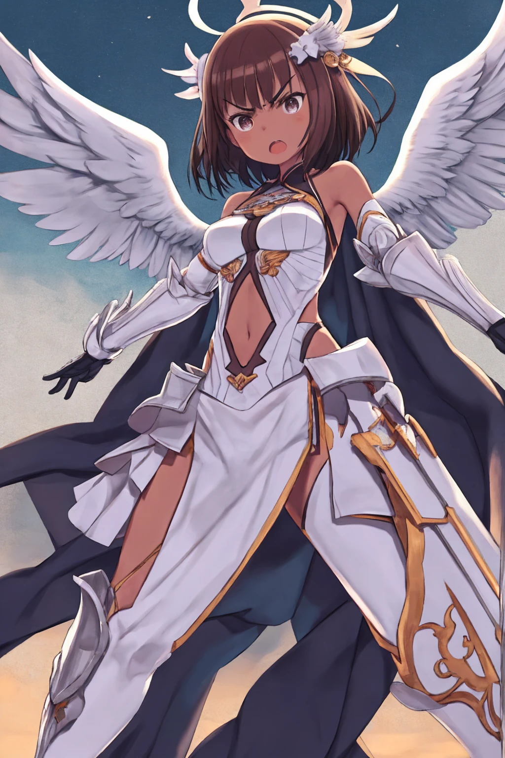 fantasy, 1angel_girl, low_, dark_brown_hair,long_bangs, (dark_skin)+, bare_shoulder, navel out, thighhighs,silver_shiny_armor, white_clothes,waist_armor, Glebe, hold_swords_emits_light, medium_breasts, dynamic_flying_pose,Floating, (1pair_white_wings:1.2),(pelvic_curtain:1.3), silver_Headgear ,looking_down_at_sunset_city_sky_background,,slightly_spread_legs, some_swords_emits_light,some_swords_emits_light_floating_around_the_girl,solo,glare_halo,angry,shout,open_mouth,open_legs,open_arms,rise_knee,rise_leg,rise_thigh,rise_leg,forward_leaning_posture,apart_legs,