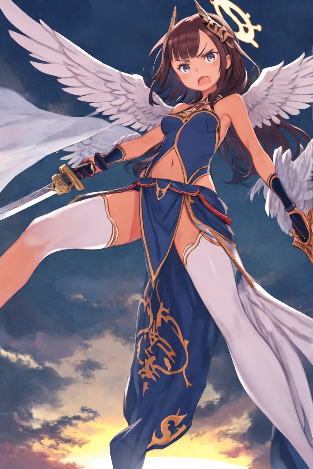 fantasy, 1angel_girl, low_teen, dark_brown_hair,long_bangs, (dark_skin)+, bare_shoulder, navel out, thighhighs,silver_shiny_armor, white_clothes,waist_armor, Glebe, hold_swords_emits_light, medium_breasts, dynamic_flying_pose,Floating, (1pair_white_wings:1.2),(pelvic_curtain:1.3), silver_Headgear ,looking_down_at_sunset_city_sky_background,,slightly_spread_legs, some_swords_emits_light,some_swords_emits_light_floating_around_the_girl,solo,glare_halo,angry,shout,open_mouth,open_legs,open_arms,rise_knee,rise_leg,rise_thigh,rise_leg,forward_leaning_posture,apart_legs,