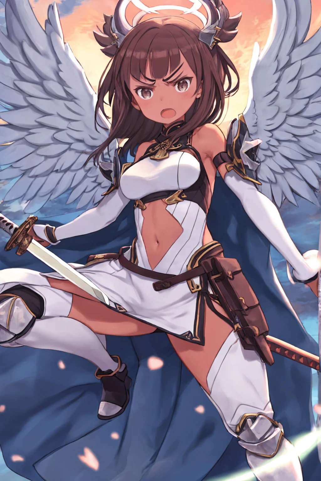 fantasy, 1angel_girl, low_teen, dark_brown_hair,long_bangs, (dark_skin)+, bare_shoulder, navel out, thighhighs,silver_shiny_armor, white_clothes,waist_armor, Glebe, hold_swords_emits_light, medium_breasts, dynamic_flying_pose,Floating, (1pair_white_wings:1.2),(pelvic_curtain:1.3), silver_Headgear ,looking_down_at_sunset_city_sky_background,,slightly_spread_legs, some_swords_emits_light,some_swords_emits_light_floating_around_the_girl,solo,glare_halo,angry,shout,open_mouth,open_legs,open_arms,rise_knee,rise_leg,rise_thigh,rise_leg,forward_leaning_posture,apart_legs,