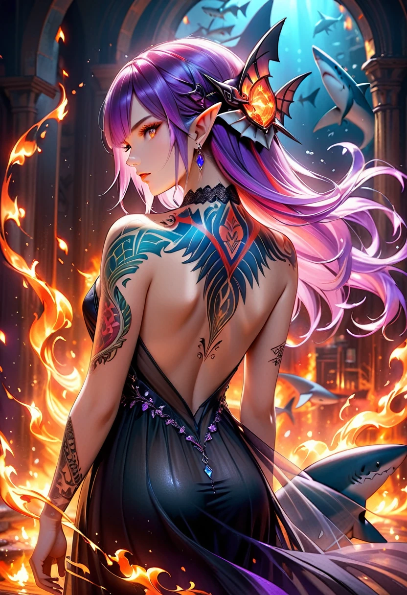  a picture of a ((tattoo of a shark: 1.5)) on the back of a female elf with, Dark fantasy art, fantasy art, goth art,, a glowing tattoo of a ((shark: 1.3)) on the back of the elf, the ((shark tattoo)) is vivid, intricate detailed coming to life from the ink to real life, GlowingRunesAI_purple, ((fire surrounds the shark: 1.5)), shoot taken from the back, ((the back is visible: 1.3), she wears a transparent black dress, the dress is elegant, flowing, elven style, that the tattoos glow, dynamic hair color, dynamic hair style, faize,, Digital Painting, Intense gaze