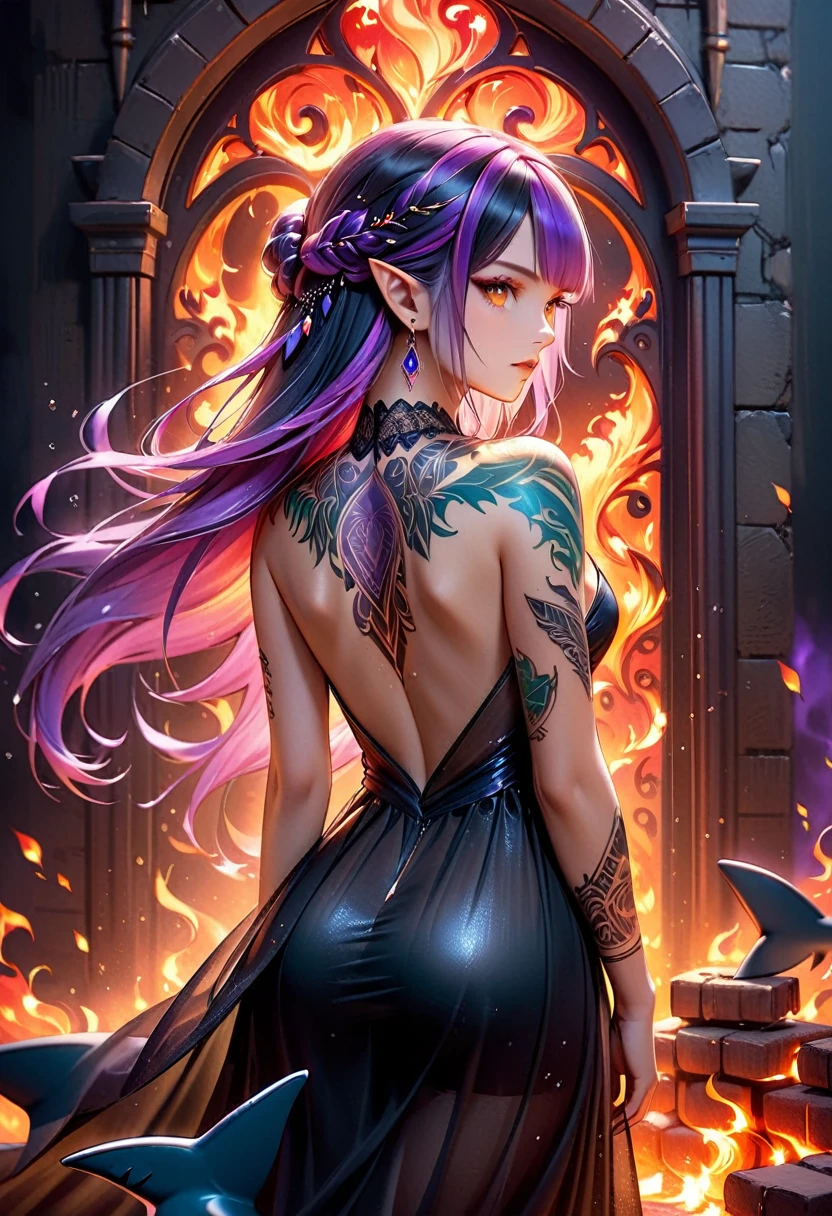  a picture of a ((tattoo of a shark: 1.5)) on the back of a female elf with, Dark fantasy art, fantasy art, goth art,, a glowing tattoo of a ((shark: 1.3)) on the back of the elf, the ((shark tattoo)) is vivid, intricate detailed coming to life from the ink to real life, GlowingRunesAI_purple, ((fire surrounds the shark: 1.5)), shoot taken from the back, ((the back is visible: 1.3), she wears a transparent black dress, the dress is elegant, flowing, elven style, that the tattoos glow, dynamic hair color, dynamic hair style, faize,, Digital Painting, Intense gaze