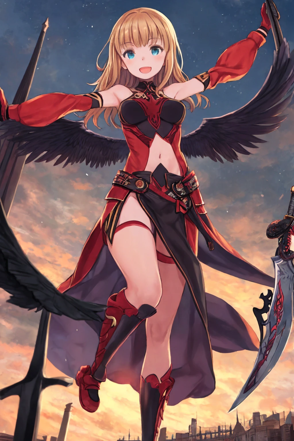 fantasy, 1girl, low_teen, blond_hair,long_bangs, bare_shoulder, navel out, thighhighs,black_armor, red_clothes,waist_armor, Glebe, hold_sword, medium_breasts, dynamic_flying_pose,Floating, (1pair_black_wings:1.2),(pelvic_curtain:1.3), Headgear ,looking_down_city,sunset_city_sky_background,,slightly_spread_legs,some_swords_floating_around_the_girl,solo,light_smile,open_mouth,open_legs,open_arms,rise_knee,rise_leg,rise_thigh,rise_leg,forward_leaning_posture,apart_legs,