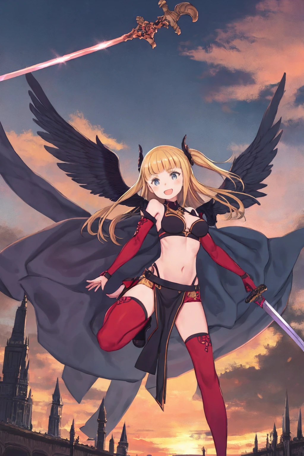 fantasy, 1girl, low_teen, blond_hair,long_bangs, bare_shoulder, navel out, thighhighs,black_armor, red_clothes,waist_armor, Glebe, hold_sword, medium_breasts, dynamic_flying_pose,Floating, (1pair_black_wings:1.2),(pelvic_curtain:1.3), Headgear ,looking_down_city,sunset_city_sky_background,,slightly_spread_legs,some_swords_floating_around_the_girl,solo,light_smile,open_mouth,open_legs,open_arms,rise_knee,rise_leg,rise_thigh,rise_leg,forward_leaning_posture,apart_legs,