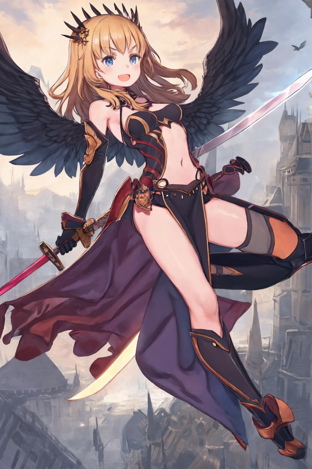 fantasy, 1girl, low_teen, blond_hair,long_bangs, bare_shoulder, navel out, thighhighs,black_armor, red_clothes,waist_armor, Glebe, hold_sword, medium_breasts, dynamic_flying_pose,Floating, (1pair_black_wings:1.2),(pelvic_curtain:1.3), Headgear ,looking_down_city,sunset_city_sky_background,,slightly_spread_legs,some_swords_floating_around_the_girl,solo,light_smile,open_mouth,open_legs,open_arms,rise_knee,rise_leg,rise_thigh,rise_leg,forward_leaning_posture,apart_legs,