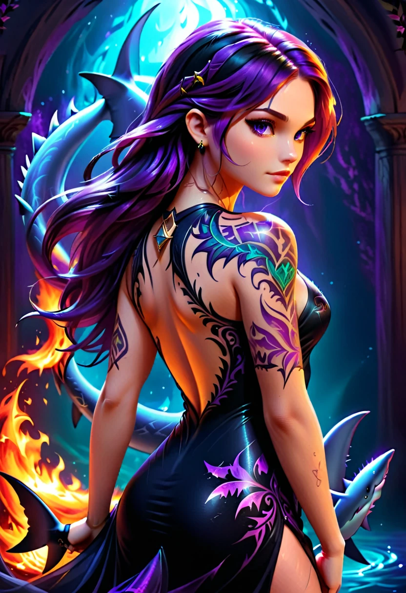 a picture of a ((tattoo of a shark: 1.5)) on the back of a female elf with, Dark fantasy art, fantasy art, goth art,, a glowing tattoo of a ((shark: 1.3)) on the back of the elf, the ((shark tattoo)) is vivid, intricate detailed coming to life from the ink to real life, GlowingRunesAI_purple, ((fire surrounds the shark: 1.5)), shoot taken from the back, ((the back is visible: 1.3), she wears a transparent black dress, the dress is elegant, flowing, elven style, that the tattoos glow, dynamic hair color, dynamic hair style, faize,, Digital Painting, Intense gaze