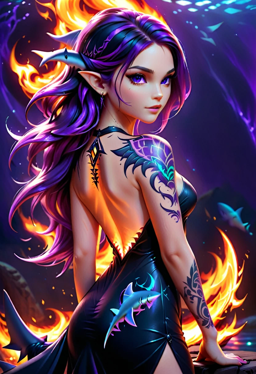 a picture of a ((tattoo of a shark: 1.5)) on the back of a female elf with, Dark fantasy art, fantasy art, goth art,, a glowing tattoo of a ((shark: 1.3)) on the back of the elf, the ((shark tattoo)) is vivid, intricate detailed coming to life from the ink to real life, GlowingRunesAI_purple, ((fire surrounds the shark: 1.5)), shoot taken from the back, ((the back is visible: 1.3), she wears a transparent black dress, the dress is elegant, flowing, elven style, that the tattoos glow, dynamic hair color, dynamic hair style, faize,, Digital Painting, Intense gaze