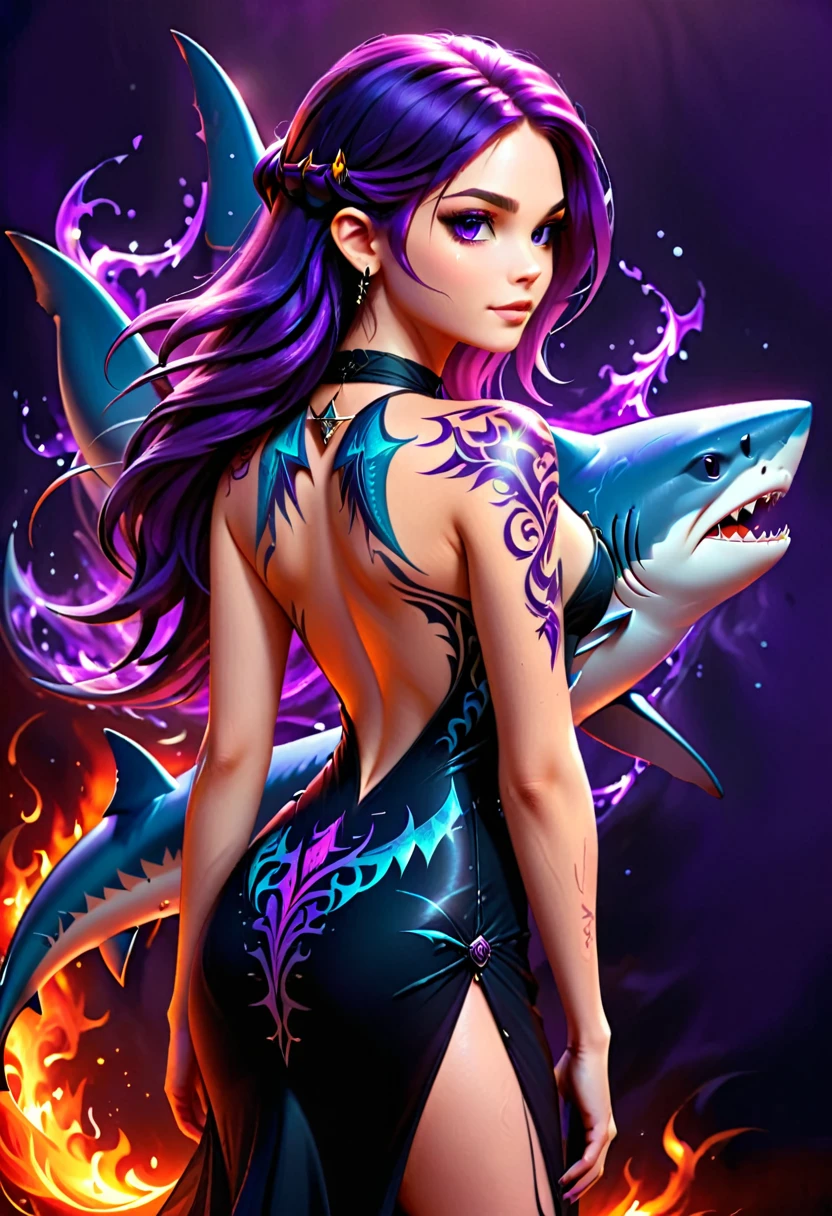  a picture of a an elf with  a ((tattoo of a shark: 1.5)) on her back, Dark fantasy art, fantasy art, goth art,, a glowing tattoo of a ((shark: 1.3)) on the back of the elf, the ((shark tattoo)) is vivid, intricate detailed coming to life from the ink to real life, GlowingRunesAI_purple, ((fire surrounds the shark: 1.5)), shoot taken from the back, ((the back is visible: 1.3), she wears a transparent black dress, the dress is elegant, flowing, elven style, that the tattoos glow, dynamic hair color, dynamic hair style, faize,, Digital Painting, Intense gaze