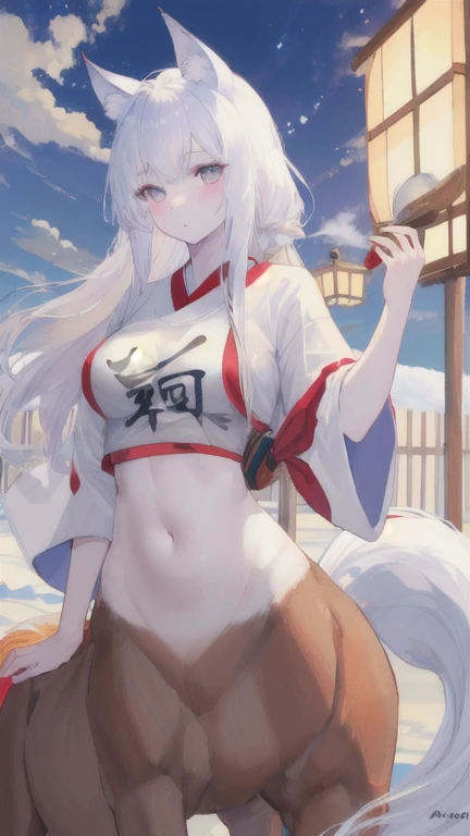 (best quality, masterpiece), 1 girl, centaur, It takes, White skin, Japanese , exposing the abdomen,belly button t-shirt, beautiful girl perfect wolf photo, perfect wolf photo