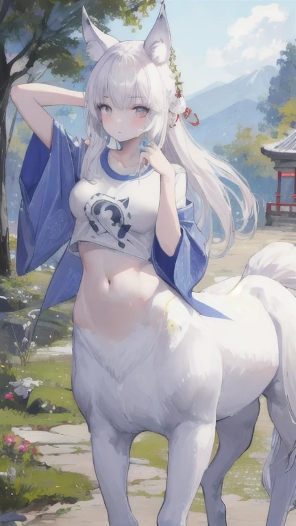 (best quality, masterpiece), 1 girl, centaur, It takes, White skin, Japanese  , exposing the abdomen,belly button t-shirt, beautiful girl perfect wolf photo, perfect wolf photo