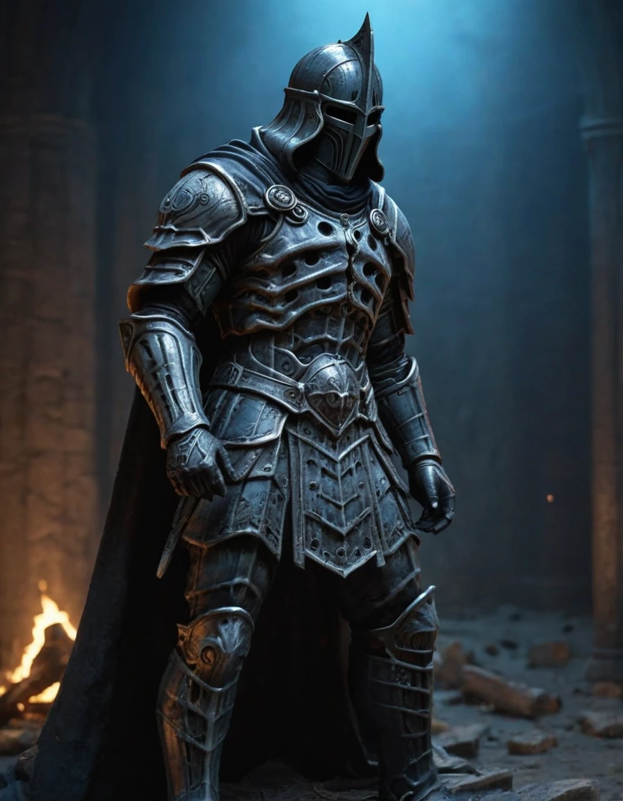 breathtaking an ancient soul knight statue,protecting an rotten throne,lone forgotten place,waiting the eternity,soul particals around the knight,night,HD,best quality,hyper detailed,ultra detailed,super realistic,[blue:black],hood,no face,weathered with vivid details engraved armor,background light,deep shadows,bonfire,broken, . award-winning, professional, highly detailed