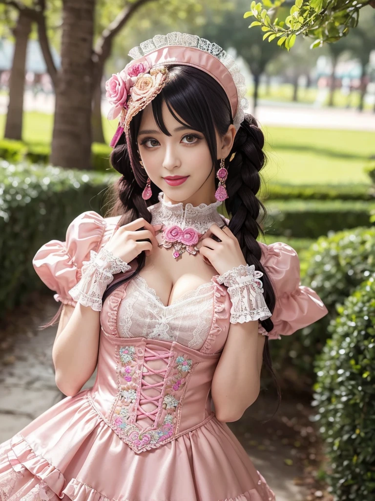 sexy stylish Spanish model, only 1 female, ((doll-like appearance)), long neon pink stylish hair, ((ultra detailed Victorian-Style boots)), (happy smile), ultra detailed eyes, vivid eye makeup, lipgloss, long lashes, defined eyebrows, ((sexy Paradise Kiss cosplay)), bell-shaped skirt, petticoats, high neckline, puffed sleeves, ((ultra detailed lace)), ((ultra detailed embroidery)), intricate details, Paradise Kiss accessoires and matching headpiece, choker, ((large sparkling Paradise Kiss jewelry)), cinematic light, detailed large park background with trees