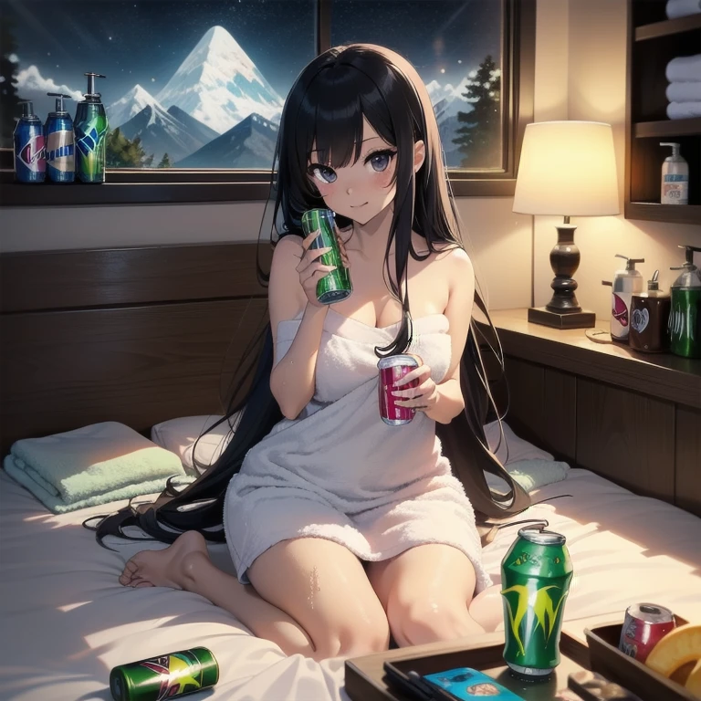 1girl, anime, black eyes, long black hair with square bangs, very long black hair, super long black hair, adult, hourglass figure, nerdy, ((((bed)))), (happy), (((bath towel))), playful, ((mountain dew energy drink soda)), wine glass, (bag of chips), ((gamer girl)), ((lights off/low light)), night