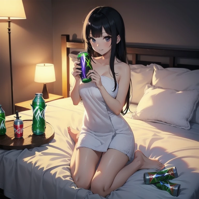 1girl, anime, black eyes, long black hair with square bangs, very long black hair, super long black hair, adult, hourglass figure, nerdy, ((((bed)))), (happy), (((bath towel))), playful, ((mountain dew energy drink soda)), wine glass, (bag of chips), ((gamer girl)), ((lights off/low light)), night