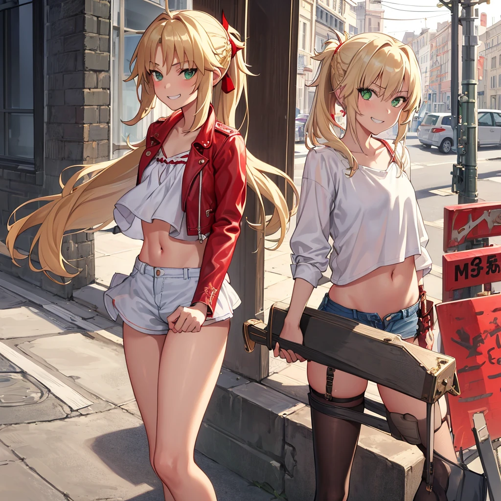 Masterpiece, Best Quality, illustration, city street, 1girl, Mordred \(fate\), cowboy shot, collarbone, Detailed blond hair ponytail braid, green eyes, Red leather jacket, White short blouse, denim shorts,navel,thigh-high,grin, covered_pussy,skiny,long_sword,