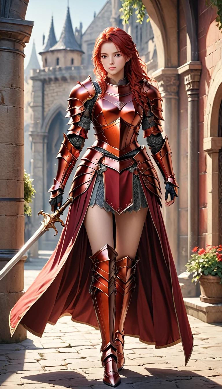 {{{photorealistic, masterpiece, best quality, ultra-detailed, high resolution, detailed eyes, detailed hair}}}, beautiful girl, {knight}, red hair, side blaid, slim, full armor, red armor, armored skirt, {{full body}}