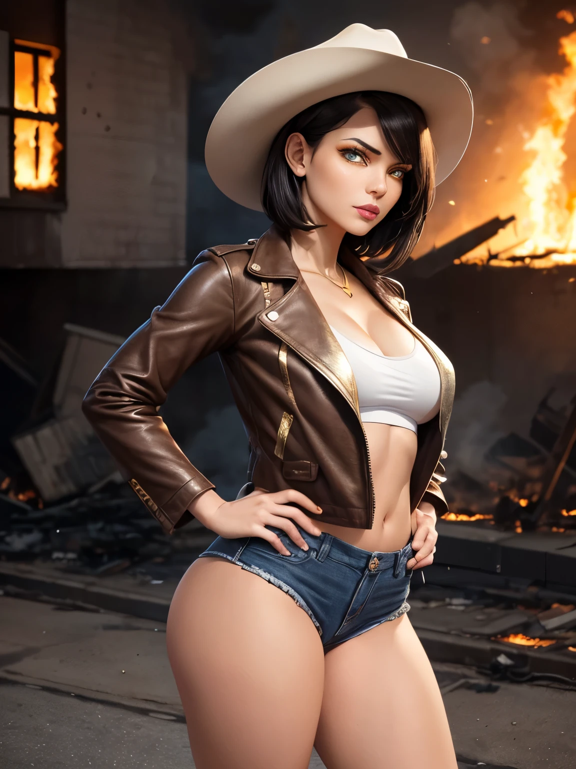 A fierce female gunslinger. she wears a (brown leather jacket), (cowboy hat), jeans, tanktop. athletic build, perfect breasts, detailed gold eyes, ((gold eyes:1.5)), purple lipstick, short black hair swept back, hair tied back, sharp facial features, firm jaw, sunken cheeks, age 30. Detailed hands. ((Detailed eyes)), ((Detailed face)). vibrant colors., high quality, high resolution, masterpiece, (High resolution), (high quality), (sharp focus), (best quality). Show her standing with her hands on her hips in front of a burning building, intense dangerous expression, angry smile, full body shot. pov from the side. nisha kadam
