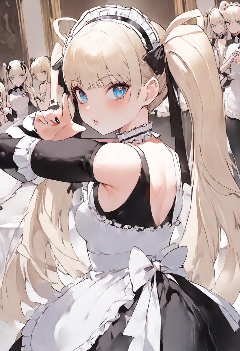 Marie rose, maid uniform, headdress, black stockings, mansion, ThiccWithaQ art style, Marie rose, cute, lewd, sexy, blowing kiss, fetallio gesture, horny, lustful, big ass, big hips, blue eyes, blone hair, pigtails, cute face, expressive face, sweet, She has fair skin, light blonde, bottom-length hair that's held up in twin-pigtails, She appears very young, Gothic Lolita Fashion, strapless maid dress, with arm sleeves. platform heeled shoes, black nail polish, Gothic arm accessories, and frequent use of the colors black and white are recurring elements in her additional outfits. Her ribbons are also always black, with the choice of pointed or tied ribbons,