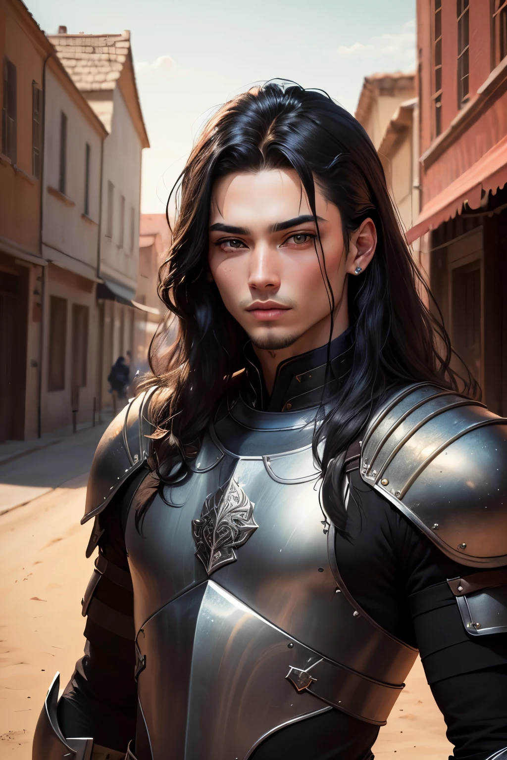 ((best quality)), ((masterpiece)), (detailed), Prize-winning works, with incredible details, maximum textures and details, mantea ,1 An adventurous warrior man in dark black light armor, long black hair ,fully body (15 year old murderer:1.1,detailedeyes, face detailed, whole body:1.1,the background is a desert ),(best qualityer:1.2,ultra detali:1.1,realisitic:1.37),stone medieval ancient city ,eyeshadows,hidden identity,sharp focus,swirly vibrant colors,), (twilight), 8K