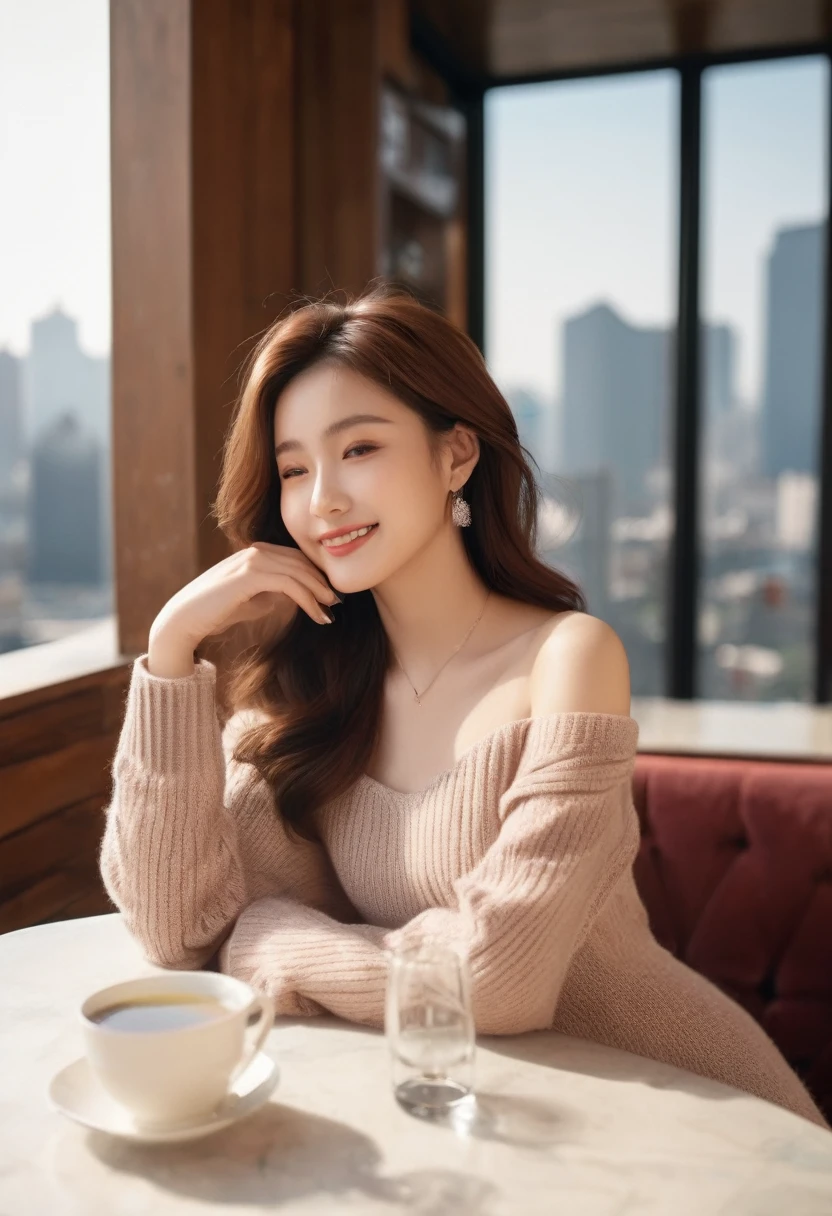((Highest quality, 8K, masterpiece: 1.3)),RAW Photos,Realistic atmosphere,Lens flare, Ray Tracing,(Detailed beautiful white skin:1.3),Beautiful Japanese, shiny light brown hair,Beautiful breasts,(Sexy facial mole),Pleasant smile,Stylish rooftop bar at night in a blurred city,sit cross-legged on a chair,Lightweight knit with no loose shoulder straps,Lightweight knit dress with off-the-shoulder sleeves,Beautiful nails,Cleavage,Wine and wine glasses on the table,A little drunk blush,