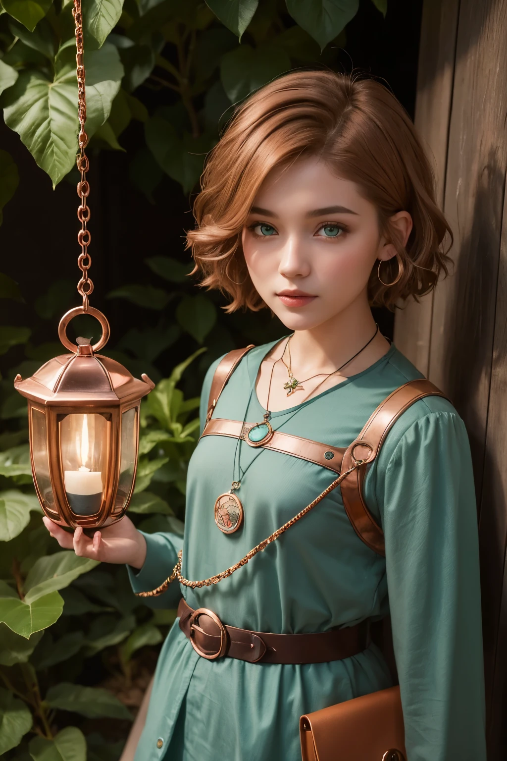 ((best qualityer)), ((work of art)), (detailded), A female gnome, with short copper hair, with clear aqua green eyes, with slightly dark skin and a turtle pendant hanging around his neck.