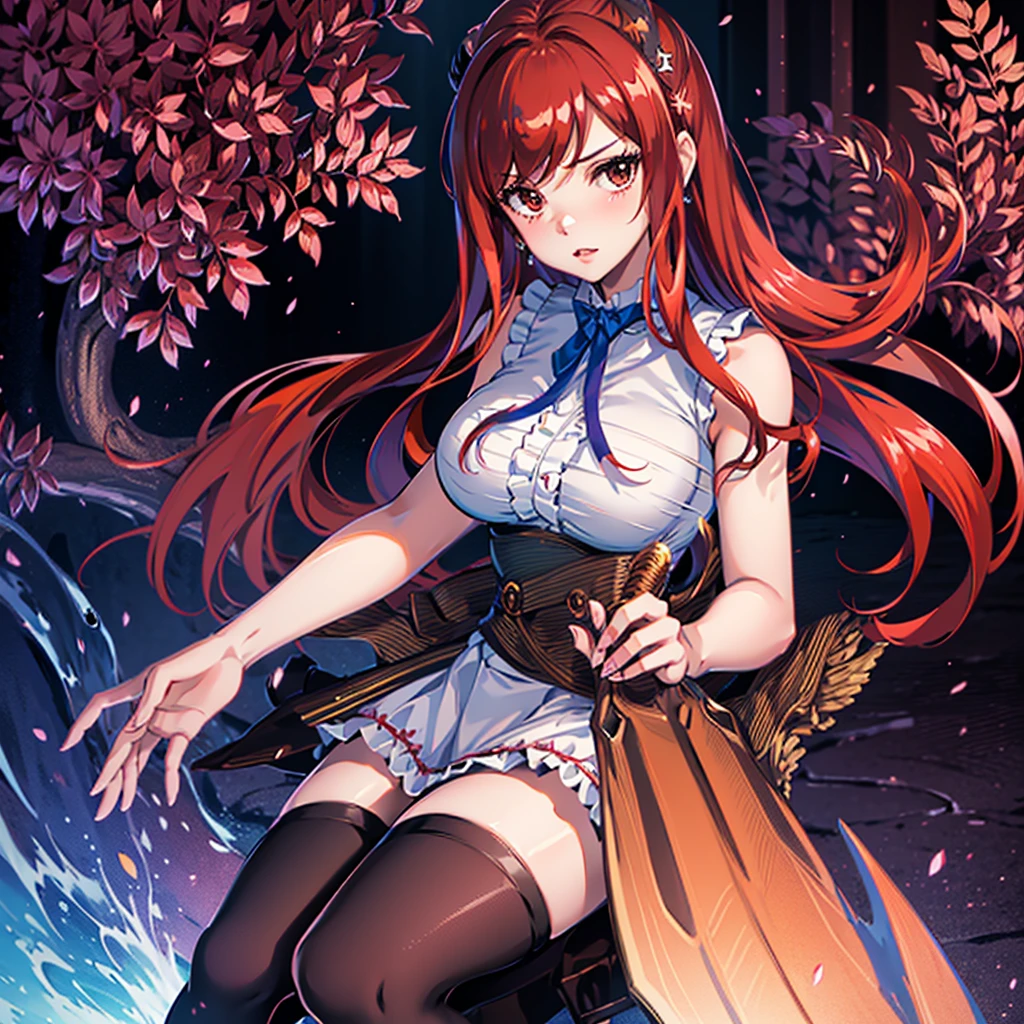 masterpiece, best quality, highres, fairy tail, 1girl, long hair, red hair, brown eyes, neck ribbon, bare shoulders,idle, (school festival frilled costume:1.3),(mini skirt:1.3),zettai ryouiki,bow tie,hair ribbon,large breast,
(button gap:1.1),sleeveless,cuffs,tights
