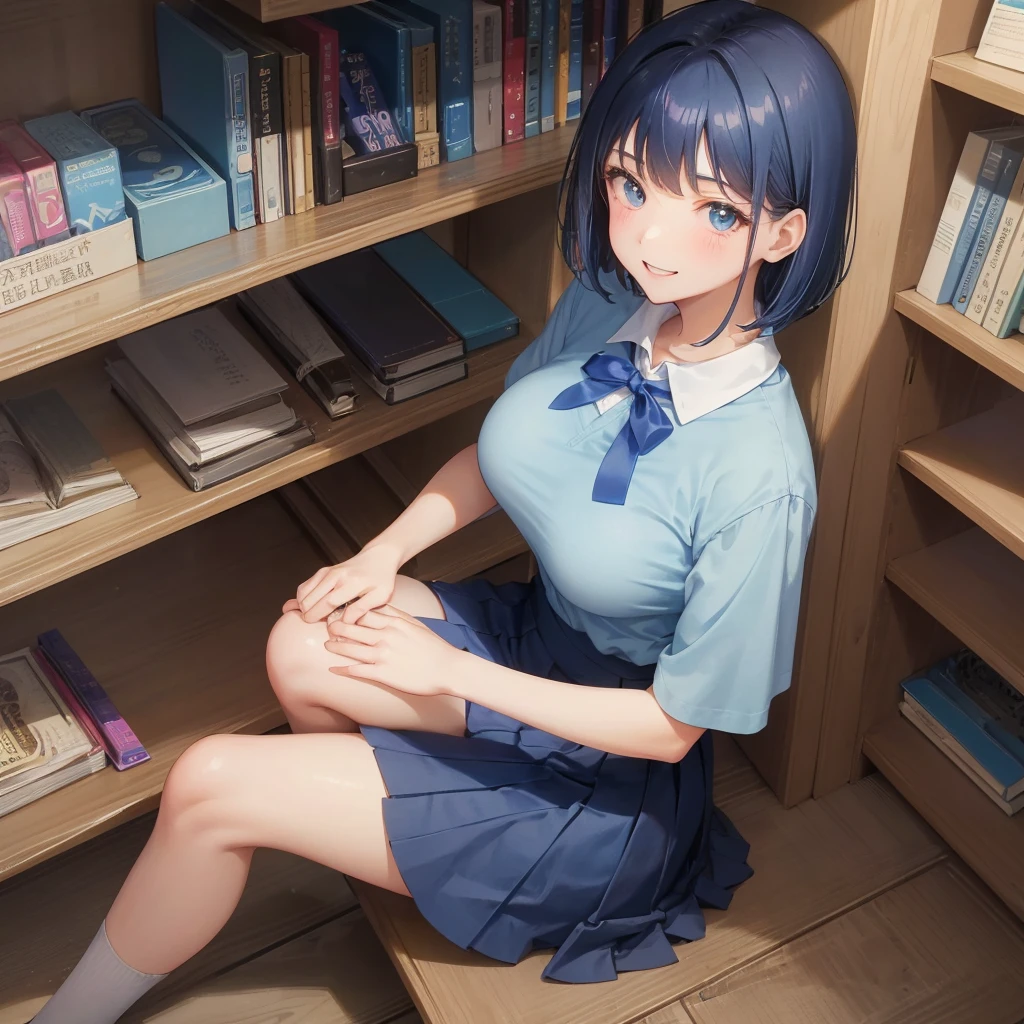 1 Solo 1 person high school girl 17-year-old female Bobcut dark blue hair color High School Uniform Light blue Y-shirt Short sleeve Blue Ribbon dark blue hair color Slim figure Large Breasts Full body portrait 学校のlibrary Smiling Kindly Laugh a little library Squat Place your hands before kneeling Put your hands on the floor