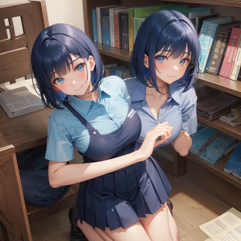 1 Solo　1 person　high school girl　17-year-old female　Bobcut　dark blue hair color　High School Uniform　Light blue Y-shirt　Short sleeve　Blue Ribbon　dark blue hair color　Slim figure　Large Breasts　Full body portrait　学校のlibrary　Smiling Kindly　Laugh a little　library　Squat　Place your hands before kneeling　Put your hands on the floor　