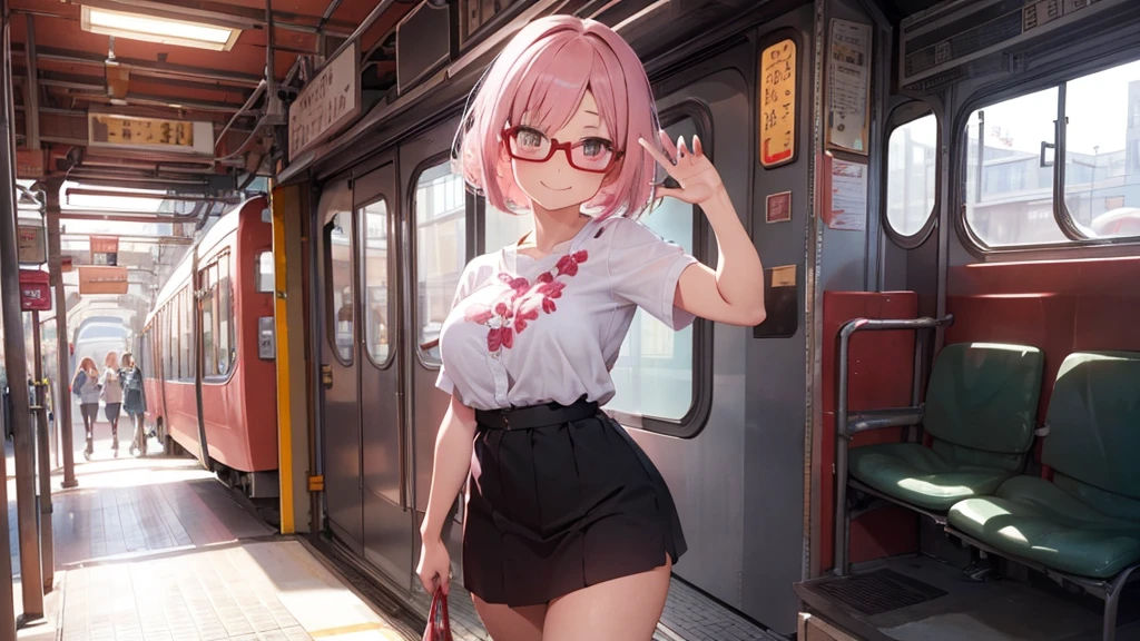 One person,whole body,Right leaning,Light pink hair,Bob Hair,Red Glasses,flower pattern,station,train,smile,Big Breasts,cute,wave hands