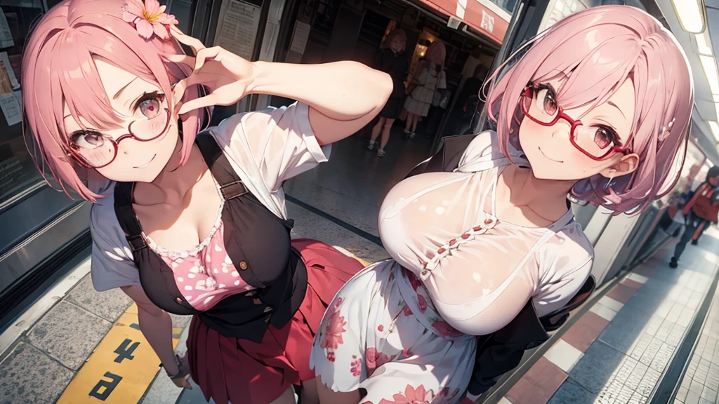 One person,whole body,Right leaning,Light pink hair,Bob Hair,Red Glasses,flower pattern,station,train,smile,Big Breasts,cute,wave hands