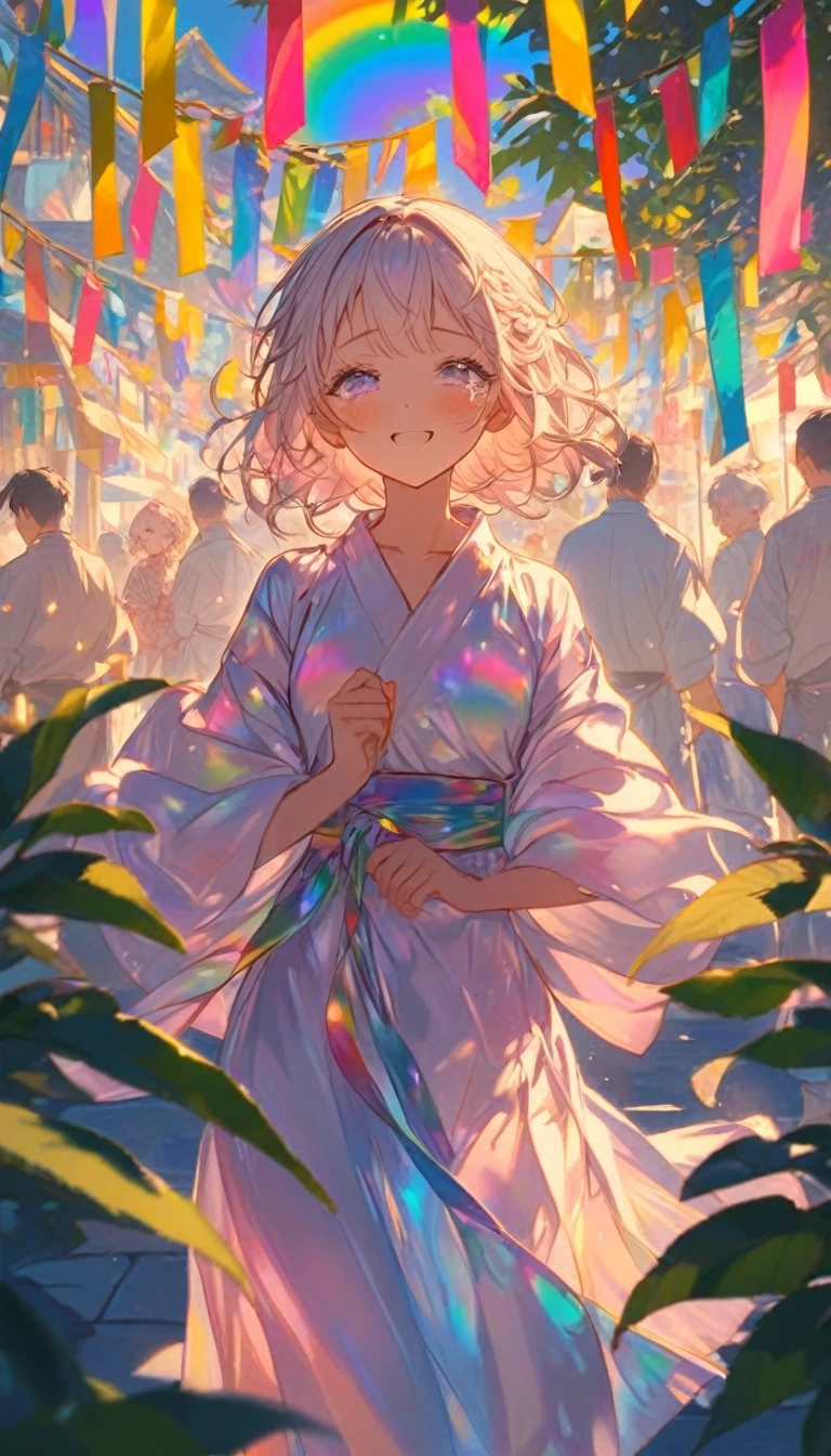 tears、tearsを流すTwo people、Sad expression、Caving、大きな花を見つめ合うTwo people、Two people、Tanabata、Strip、Bamboo leaf、Stripに願いをこめて、Grilling in a yukata,fluid,Particles of light, dream-like,Sparkling,dream-like glow,Paint drips,oil,strong stroke,Paint drips,Splash Paint Drop, oil,(Abstract:1.2)A girl and a boy made up of(Tanabataライトトレース:1.25),Change to (Radioluminescence light tracking) スタイルTanabataのSummer festival,Two peopleは織姫と彦星(Cowboy Shot),Temple Fair,Summer festival,Shining in rainbow colors、16K, Ultra-high resolution, to be born,wonderful ,future、Iridescent、The world 30 years from now。