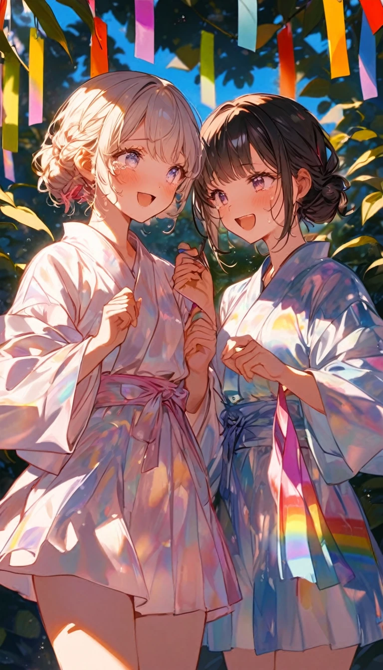tears、tearsを流すTwo people、Sad expression、Caving、Two people gazing at a big flower、Two people、tanabata、Strip、Bamboo leaf、Wishing on Strip、Grilling in a yukata,fluid,Particles of light, dream-like,Sparkling,dream-like glow,Paint drips,oil,strong stroke,Paint drips,Splash Paint Drop, oil,(Abstract:1.2)A girl and a boy made up of(tanabataライトトレース:1.25),Change to (Radioluminescence light tracking) スタイルtanabataのSummer festival,Two people are Orihime and Hikoboshi(Cowboy Shot),Temple Fair,Summer festival,Shining in rainbow colors、16K, Ultra-high resolution, to be born,wonderful ,future、iridescent、The world 30 years from now。