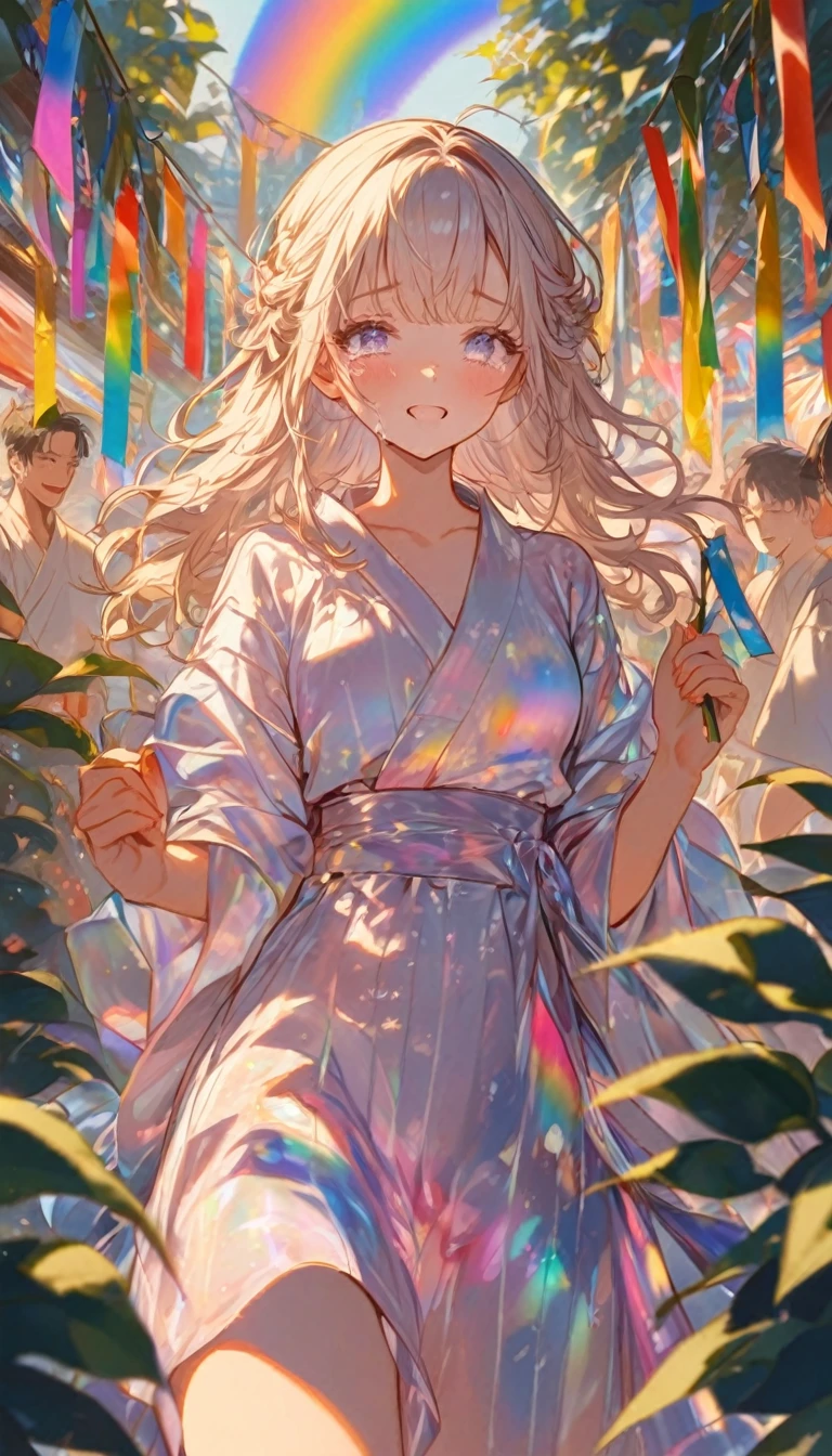 tears、tearsを流すTwo people、Sad expression、Caving、大きな花を見つめ合うTwo people、Two people、Tanabata、?????、Bamboo leaf、?????に願いをこめて、Grilling in a yukata,fluid,Particles of light, dream-like,Sparkling,dream-like glow,Paint drips,oil,strong stroke,Paint drips,Splash Paint Drop, oil,(Abstract:1.2)A girl and a boy made up of(Tanabataライトトレース:1.25),Change to (Radioluminescence light tracking) スタイルTanabataのSummer festival,Two peopleは織姫と彦星(Cowboy Shot),Temple Fair,Summer festival,Shining in rainbow colors、16K, Ultra-high resolution, to be born,wonderful ,future、Iridescent、The world 30 years from now。