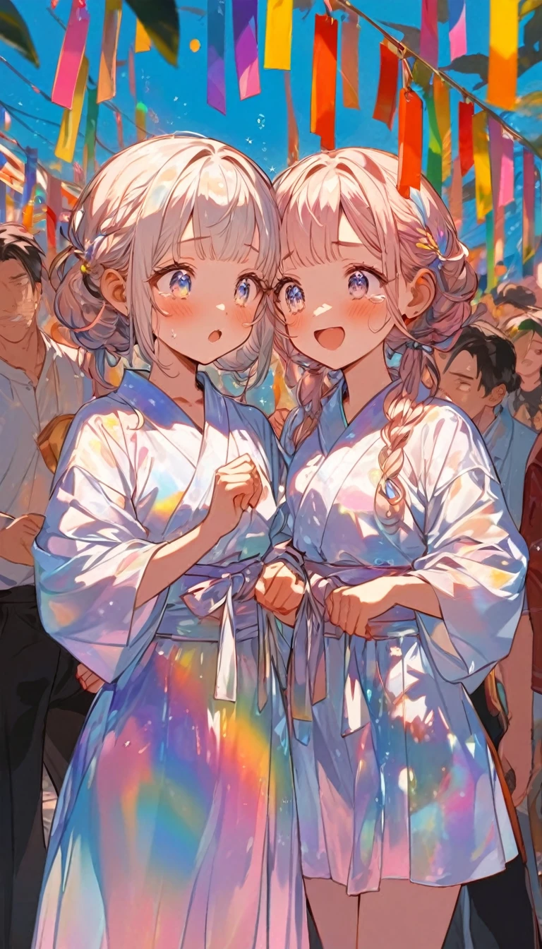 tears、tearsを流すTwo people、Sad expression、Caving、大きな花を見つめ合うTwo people、Two people、Tanabata、Strip、Bamboo leaf、Stripに願いをこめて、Grilling in a yukata,fluid,Particles of light, dream-like,Sparkling,dream-like glow,Paint drips,oil,strong stroke,Paint drips,Splash Paint Drop, oil,(Abstract:1.2)A girl and a boy made up of(Tanabataライトトレース:1.25),Change to (Radioluminescence light tracking) スタイルTanabataのSummer festival,Two peopleは織姫と彦星(Cowboy Shot),Temple Fair,Summer festival,Shining in rainbow colors、16K, Ultra-high resolution, to be born,wonderful ,future、Iridescent、The world 30 years from now。