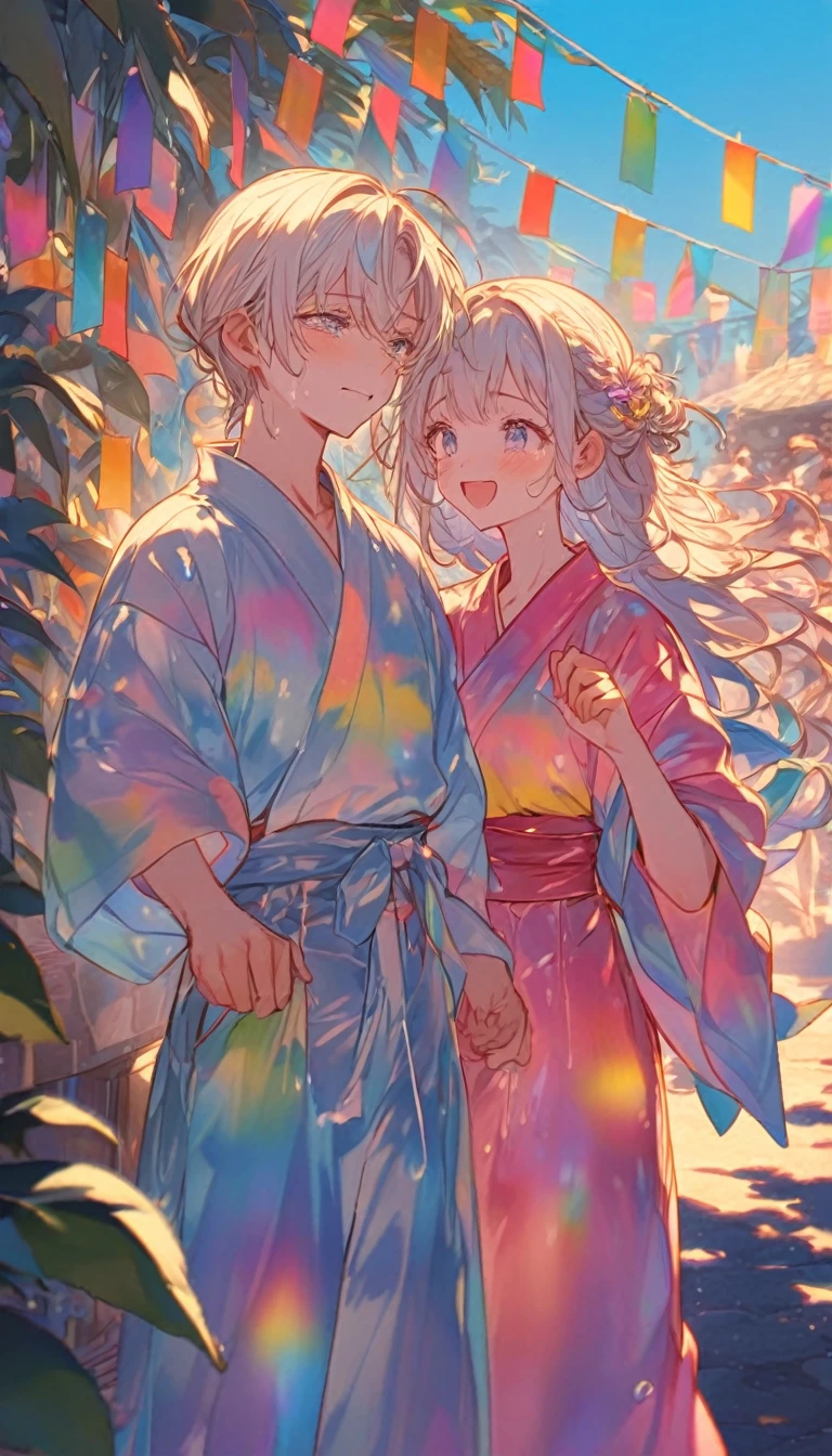 tears、tearsを流すTwo people、Sad expression、Caving、大きな花を見つめ合うTwo people、Two people、Tanabata、Strip、Bamboo leaf、Stripに願いをこめて、Grilling in a yukata,fluid,Particles of light, dream-like,Sparkling,dream-like glow,Paint drips,oil,strong stroke,Paint drips,Splash Paint Drop, oil,(Abstract:1.2)A girl and a boy made up of(Tanabataライトトレース:1.25),Change to (Radioluminescence light tracking) スタイルTanabataのSummer festival,Two peopleは織姫と彦星(Cowboy Shot),Temple Fair,Summer festival,Shining in rainbow colors、16K, Ultra-high resolution, to be born,wonderful ,future、Iridescent、The world 30 years from now。