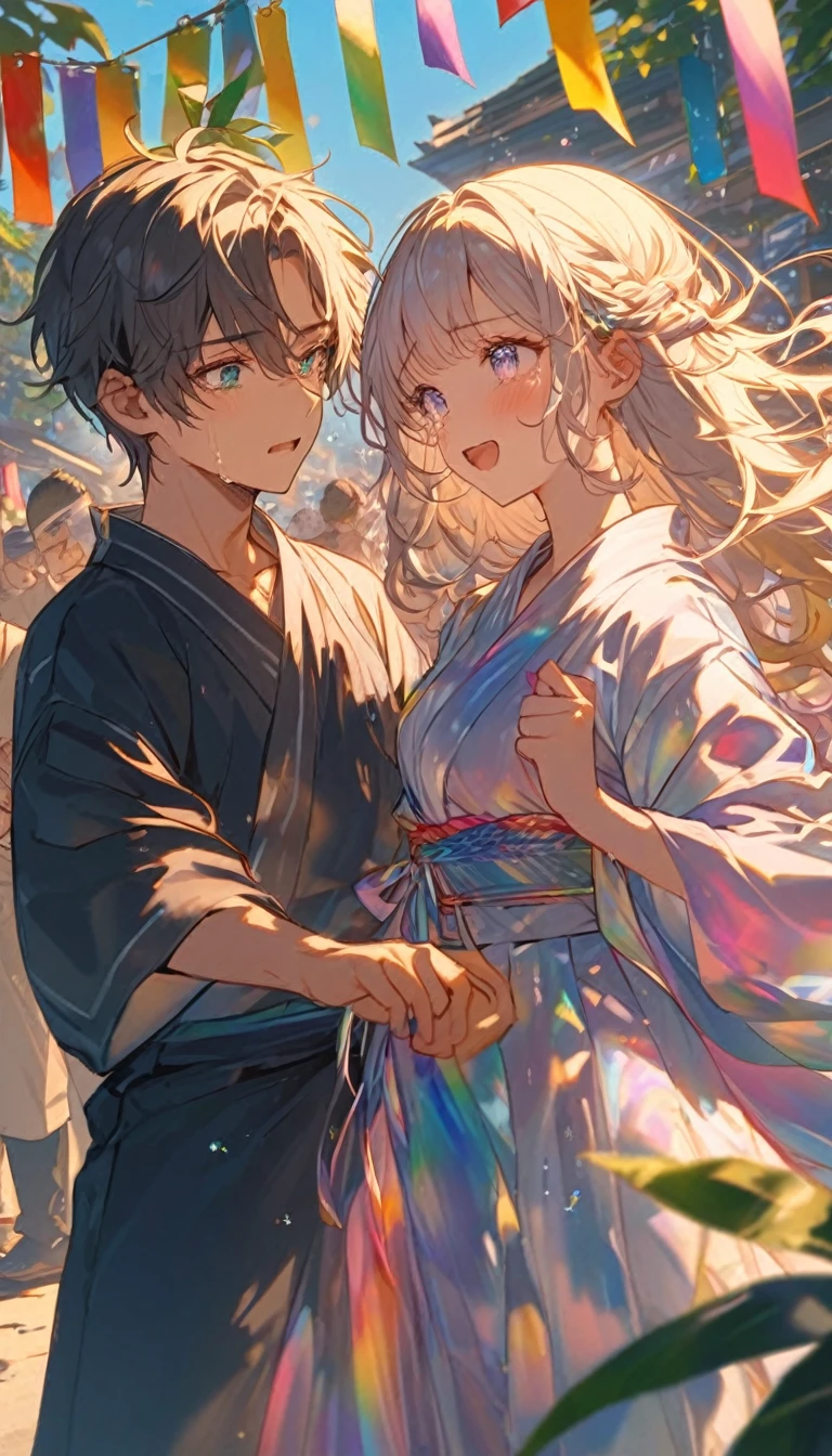 tears、tearsを流すTwo people、Sad expression、Caving、大きな花を見つめ合うTwo people、Two people、Tanabata、Strip、Bamboo leaf、Stripに願いをこめて、Grilling in a yukata,fluid,Particles of light, dream-like,Sparkling,dream-like glow,Paint drips,oil,strong stroke,Paint drips,Splash Paint Drop, oil,(Abstract:1.2)A girl and a boy made up of(Tanabataライトトレース:1.25),Change to (Radioluminescence light tracking) スタイルTanabataのSummer festival,Two peopleは織姫と彦星(Cowboy Shot),Temple Fair,Summer festival,Shining in rainbow colors、16K, Ultra-high resolution, to be born,wonderful ,future、Iridescent、The world 30 years from now。