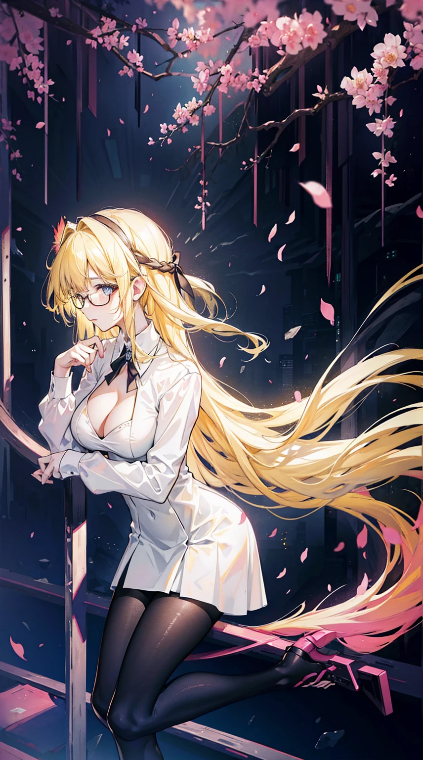 Young and beautiful Kathryn Newton, Glasses, White dress shirt, Very deep neckline, Black Mini Dress, Dark pantyhose, Surreal, , Model figure, Large Breasts, Beautiful breasts, Big Ass, Long hair, Ponytail, Blonde hair, Long legs, 8K, futuristic city, Cherry blossoms, sunrise, LED lighting, Anime style, (((Cleavage))),((Leaning against the wall,Sideways posture))