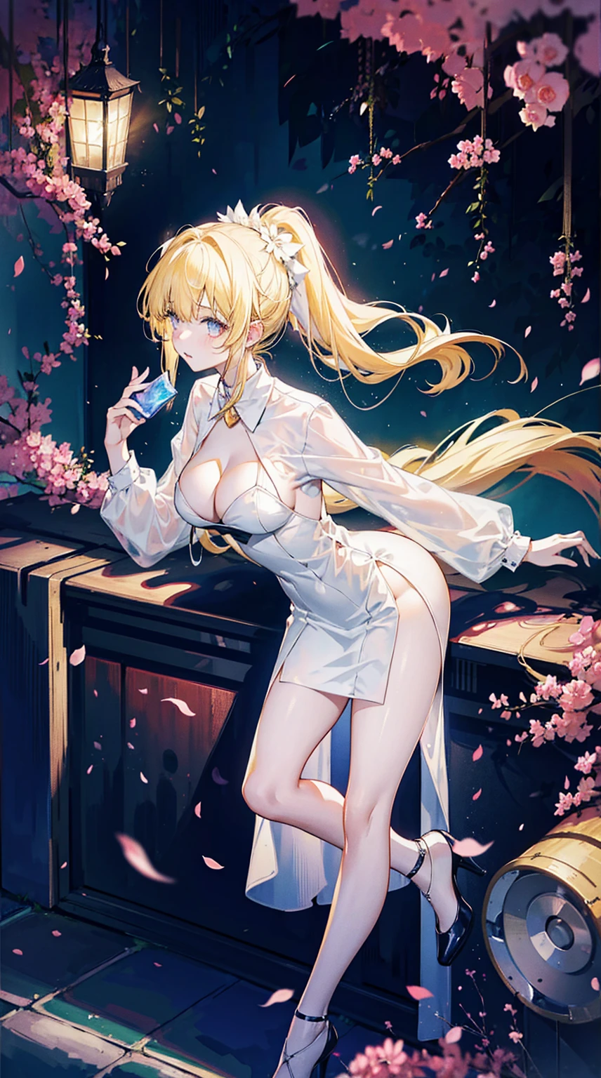Young and beautiful Kathryn Newton, Glasses, White dress shirt, Very deep neckline, Black Mini Dress, Dark pantyhose, Surreal, , Model figure, Large Breasts, Beautiful breasts, Big Ass, Long hair, Ponytail, Blonde hair, Long legs, 8K, futuristic city, Cherry blossoms, sunrise, LED lighting, Anime style, (((Cleavage))),((Leaning against the wall,Sideways posture))