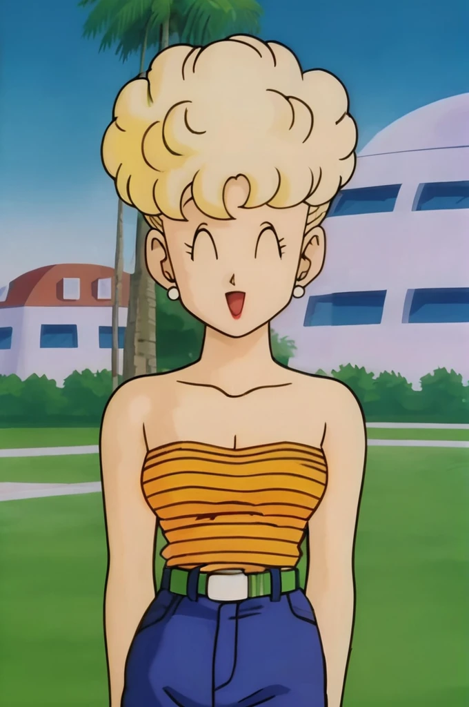 source_anime, score_9, score_8_up, score_7_up, anime screencap,
panchy, 1girl, solo, ???????, smile, short hair, open mouth, blonde hair, shirt, cleavage, ???? shoulders, jewelry, closed eyes, cowboy shot, curly hair, earrings, striped, belt, pants, strapless, denim, yellow shirt, jeans, striped shirt, blue pants, retro artstyle, shirt tucked in, tube top, 1980s \(style\),
outdoors, tree, grass, ?????????????,
 