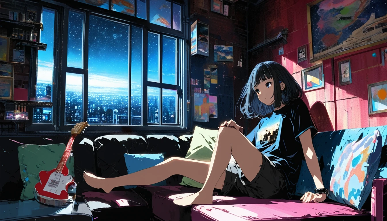 Super detailed:1.3, (Absurd, texture, masterpiece), pixiv Contest Winner, John Berkey, Dynamic cartoon style illustration,Oversized T-shirt、stand lighting、Colored pencil style、Long black hair、play the guitar、sofa、kitten、Night Sky、Room with a window、High precision、detailed、8K,Sitting with legs crossed, Starry sky inner hair,Dark aesthetic,Euphoric,Black shorts,Beautiful woman,Old alley background, Dozing off,Crayon colored Zentangle,overview,Anime key visual,