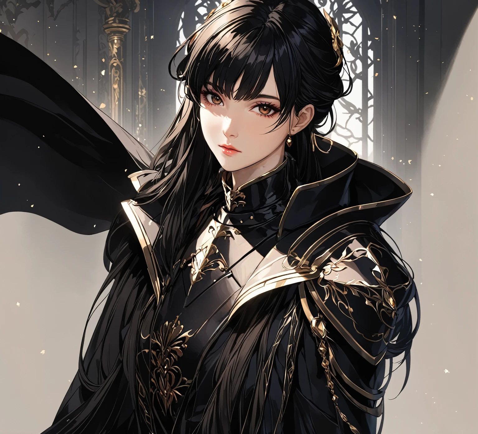 masterpiece, best quality, 1woman. adult, female focus, solo, black hair, vibrant dark brown eyes, long hair, looking at viewer, closed mouth, bangs, Fantasy aesthetics, Highly detailed, shadowverse style, Black ArmoredDress