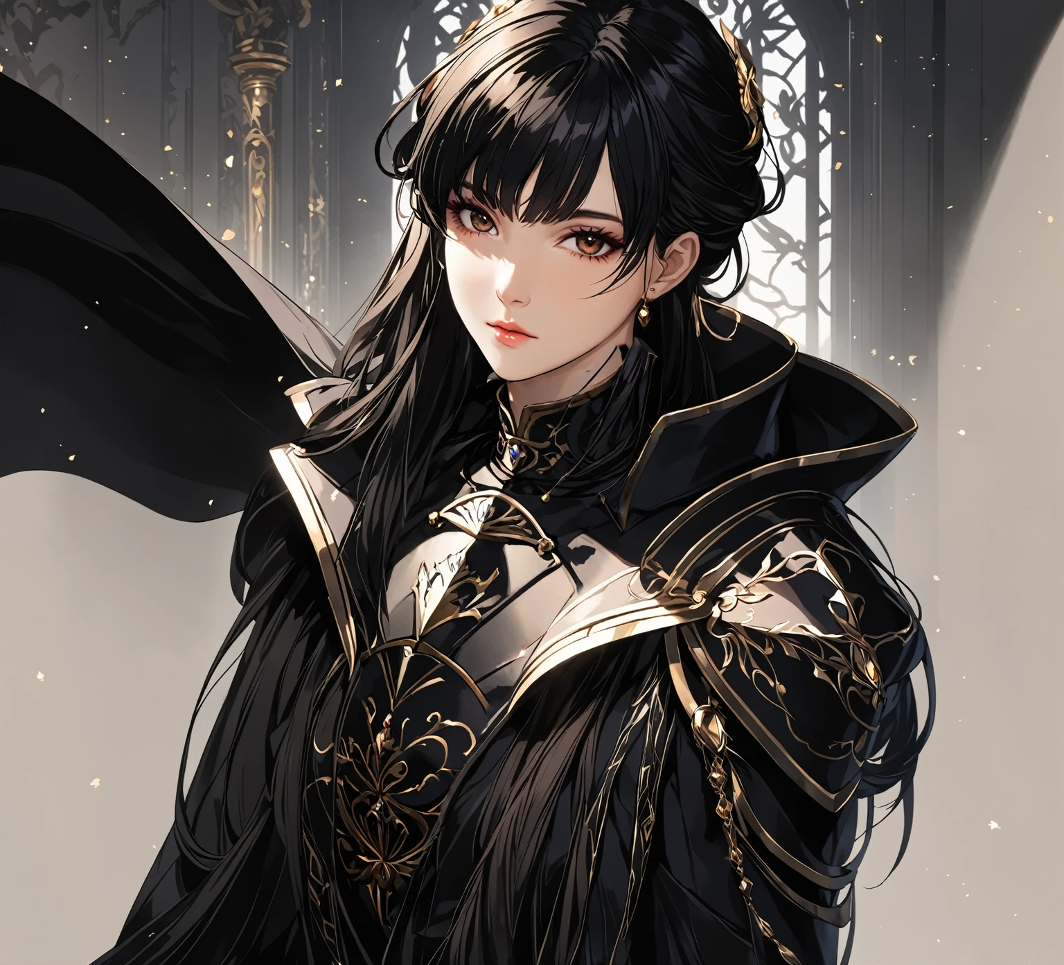 masterpiece, best quality, 1woman. adult, female focus, solo, black hair, vibrant dark brown eyes, long hair, looking at viewer, closed mouth, bangs, Fantasy aesthetics, Highly detailed, shadowverse style, Black ArmoredDress
