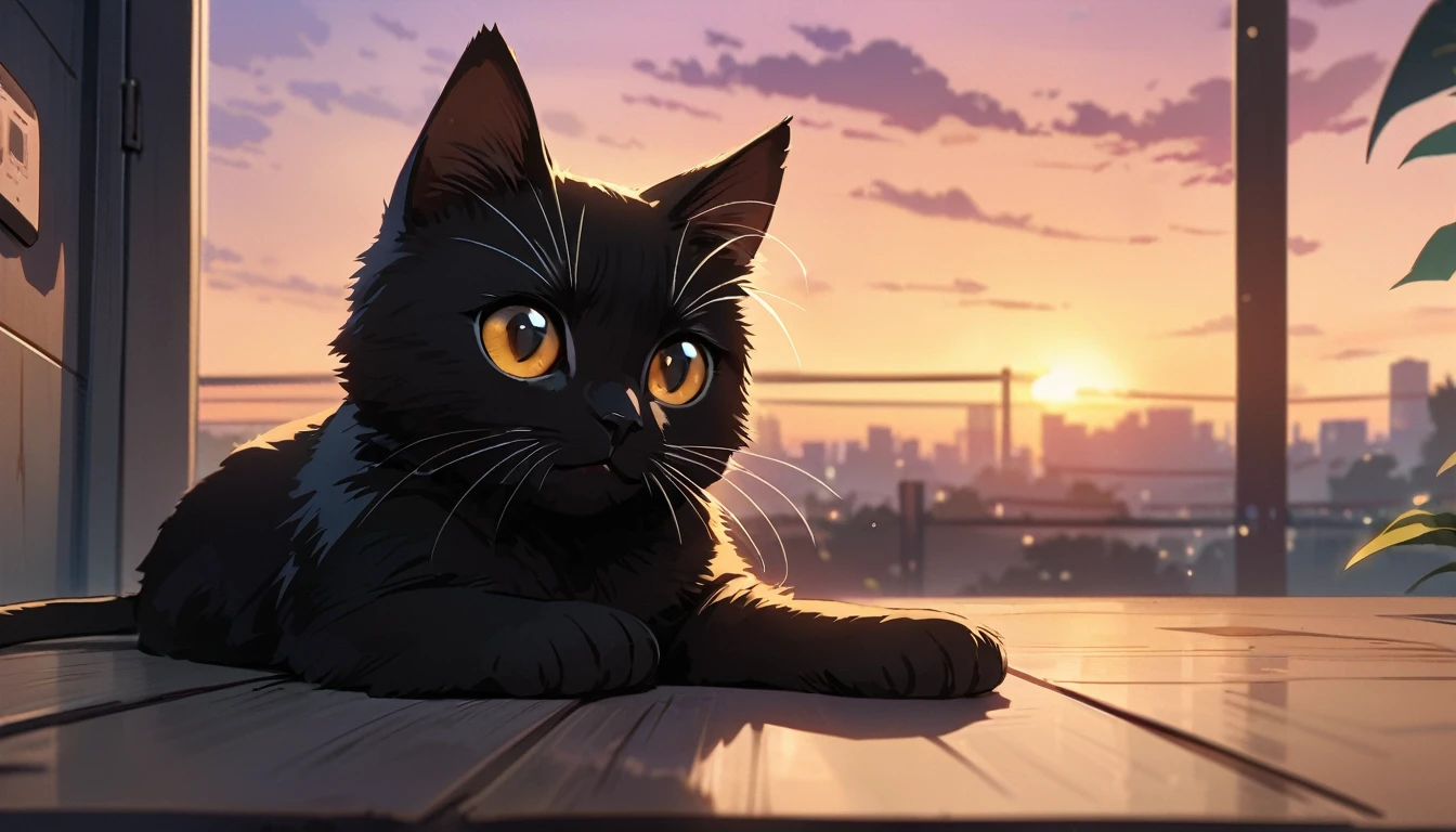 Solo, no humans, animals, Black cat animal-centered, masterpiece, highest quality, cute, detailed description, natural scenery, relaxing,I street corner,evening