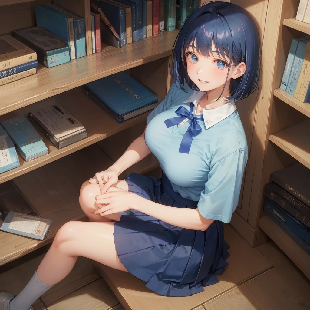 1 Solo 1 person high school girl 17-year-old female Bobcut dark blue hair color High School Uniform Light blue Y-shirt Short sleeve Blue Ribbon dark blue hair color Slim figure Large Breasts Full body portrait 学校のlibrary Smiling Kindly Laugh a little library Squat Place your hands before kneeling Put your hands on the floor