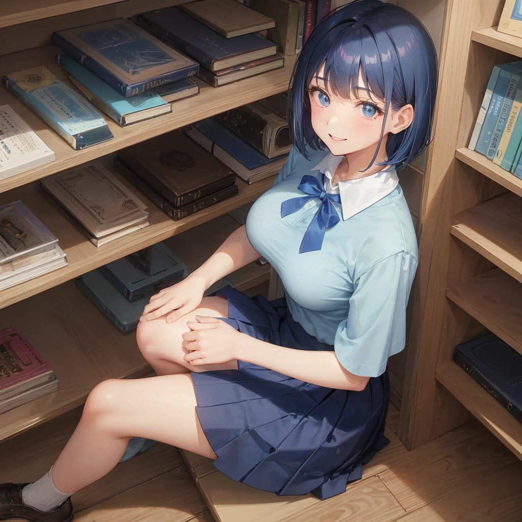 1 Solo 1 person high school girl 17-year-old female Bobcut dark blue hair color High School Uniform Light blue Y-shirt Short sleeve Blue Ribbon dark blue hair color Slim figure Large Breasts Full body portrait 学校のlibrary Smiling Kindly Laugh a little library Squat Place your hands before kneeling Put your hands on the floor