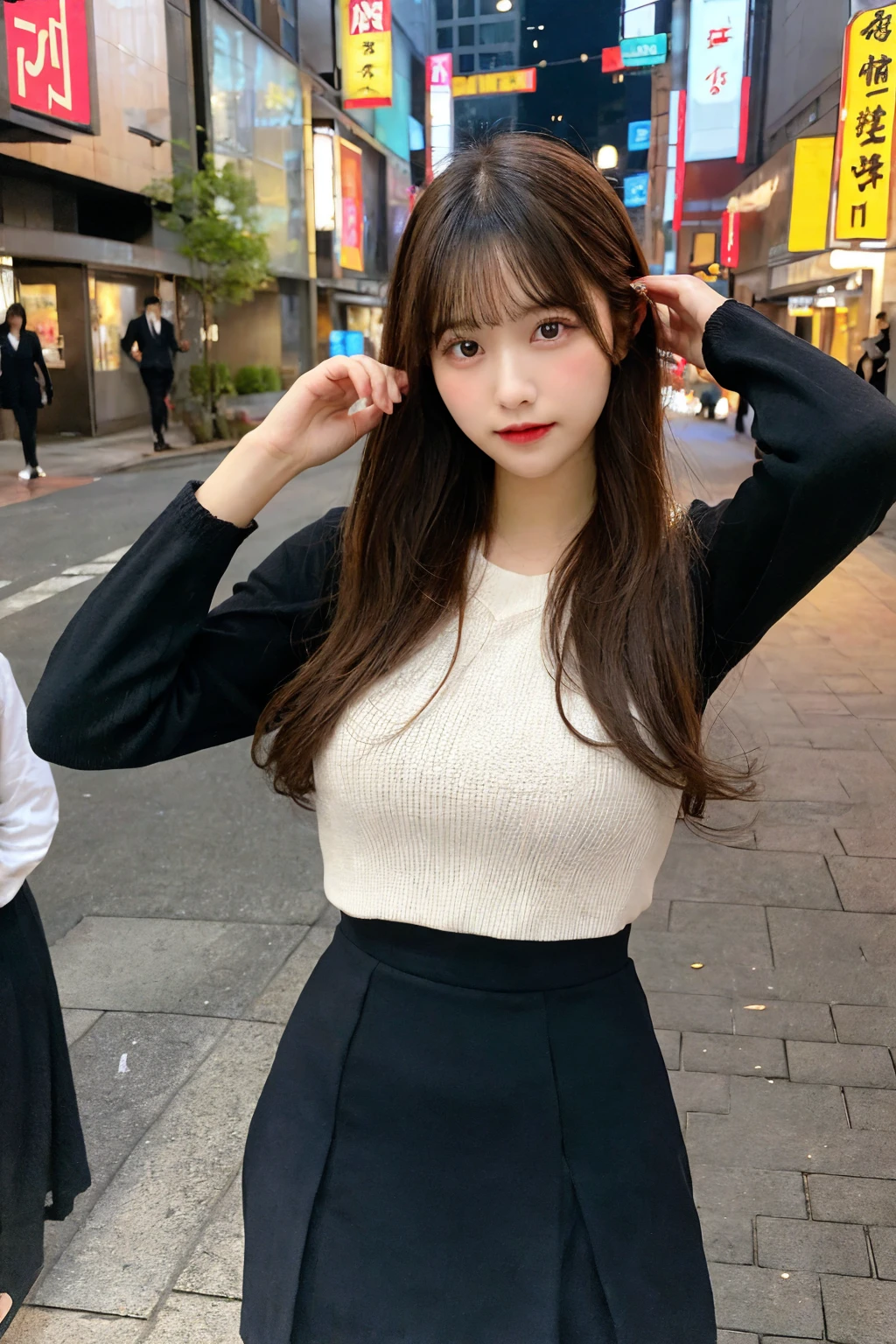 Tabletop, Highest quality, shape, Very detailed, finely, High resolution, 8k wallpaper, 完璧なダイナミックな構shape, finelyて美しい目, Black long sleeve dress,Medium Hair, Small breasts, Natural color lip,She lifts her skirt with her hands、Revealing her pink lace panties。、 Random sexy poses,Qingshan, Tokyo、20-year-old girl,Narrow side,Slim figure,Blur the background