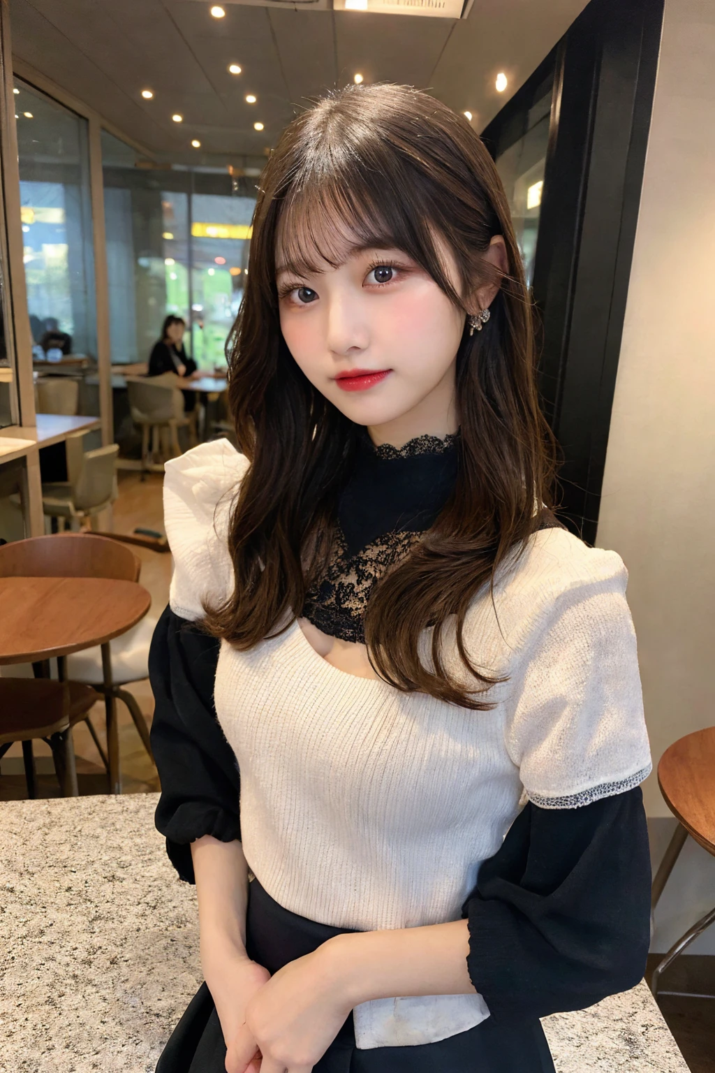 masterpiece, top quality, best quality, realistic, unity, 8k wallpaper, official art, extremely detailed CG unity 8k wallpaper, ulzzang-6500, (original:1.2), (realistic:1.4), ultra detail, high resolution, ultra detailed,amazing, fine detail, cinematic lighting, (1 cute girl:1.4 ), 18-year-old, (black hair:1.4), long hair, bangs, (realistic skin:1.2), (light skin:1.2),(huge breasts), beautiful girl with beautiful details, extremely detailed eyes and face, eyes with beautiful details, huge file size, ultra detailed and beautiful, blushing, ashamed,(smile:1.3), black eyes, full body shoot, earings, chain necklace, loft apartment, ((sitting on the bed)),(almost empty room),(shiny skin),(glossy skin), (sweaty skin),(high detailed skin:1.2),realistic body, perfect anatomy, (best shadow), BREAK (silk clothes):1.2, (insanely detailed clothes):1.2, (school uniform):1.4, (white shirt), (black pleated skirt)