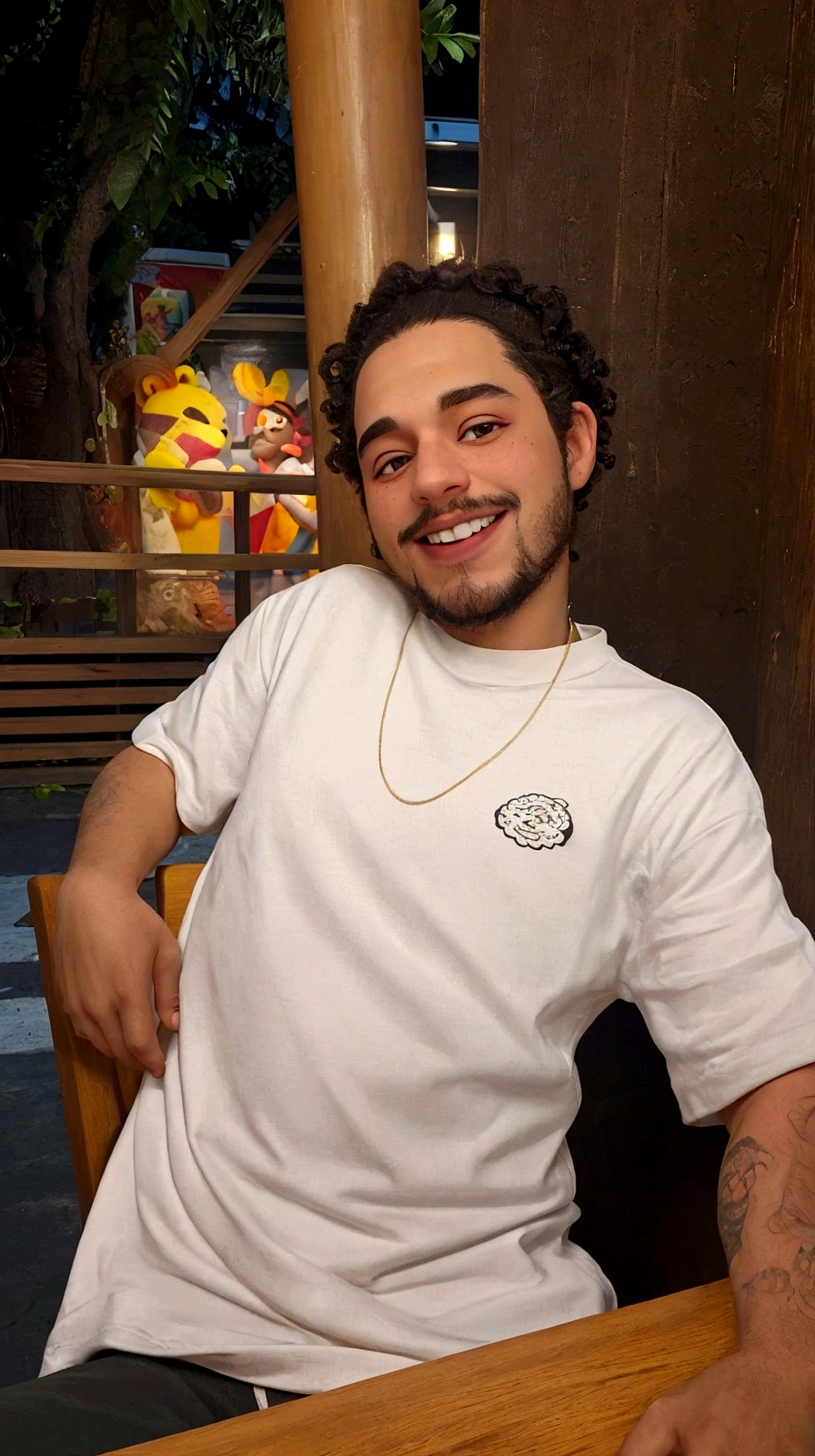 there is a man sitting at a table with a donut in his hand, curls on top of the head, high-quality portrait, caio santos, mid shot portrait, wearing a laughing shirt, post malone, using shipibo tattoos, pete davidson, portrait of Danny González, Portrait of crazy Post Malone, Andreia Rocha, profile picture with headshot, cool teddy bear