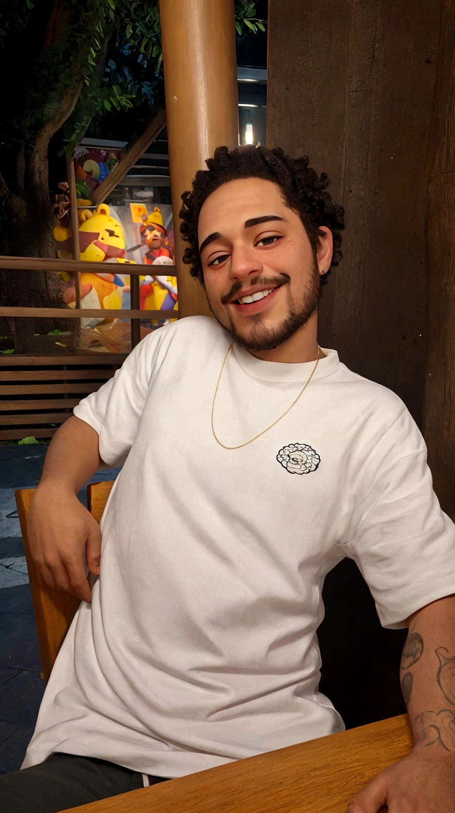 there is a man sitting at a table with a donut in his hand, curls on top of the head, high-quality portrait, caio santos, mid shot portrait, wearing a laughing shirt, post malone, using shipibo tattoos, pete davidson, portrait of Danny González, Portrait of crazy Post Malone, Andreia Rocha, profile picture with headshot, cool teddy bear