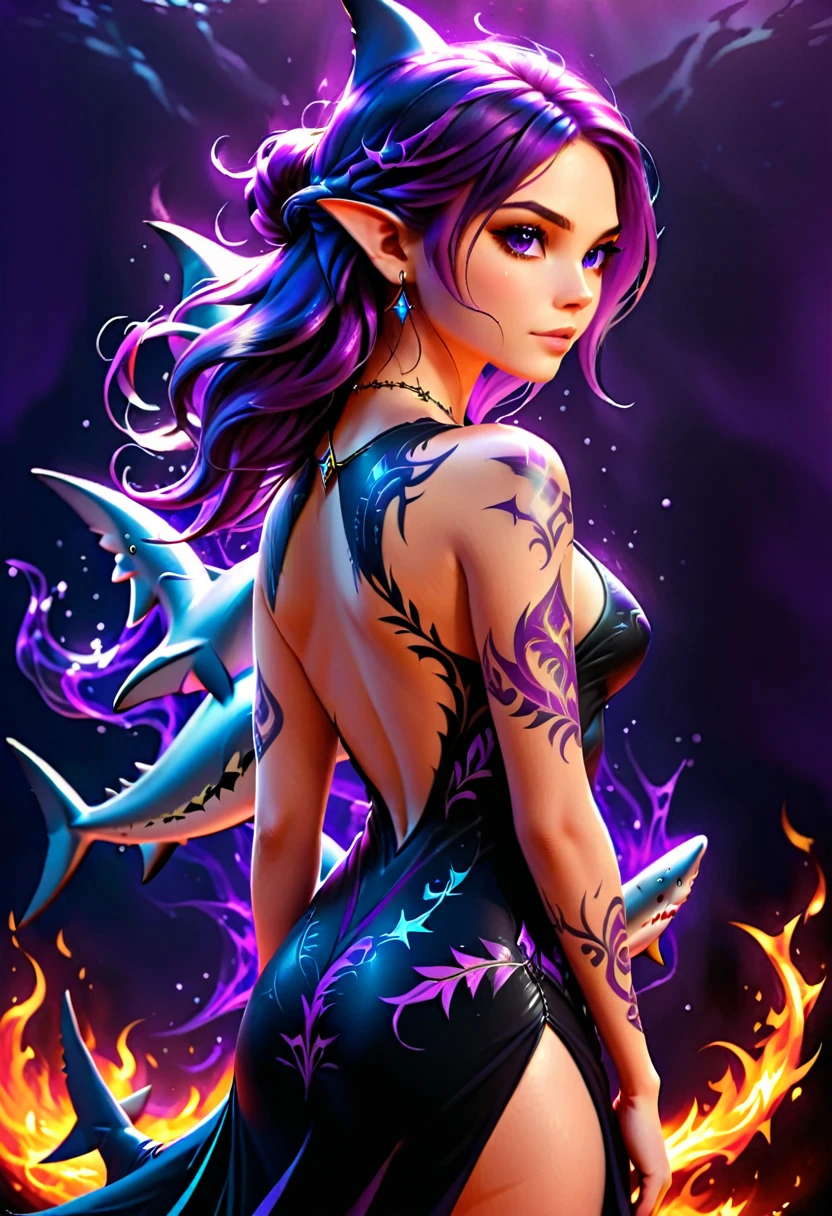  a picture of a ((tattoo of a shark: 1.5)) on the back of a female elf with, Dark fantasy art, fantasy art, goth art,, a glowing tattoo of a ((shark: 1.5)) on the back of the elf, the ((shark tattoo)) is vivid, intricate detailed coming to life from the ink to real life, GlowingRunesAI_purple, ((fire surrounds the shark: 1.5)), shoot taken from the back, ((the back is visible: 1.3), she wears a transparent black dress, the dress is elegant, flowing, elven style, that the tattoos glow, dynamic hair color, dynamic hair style, faize,, Digital Painting, Intense gaze