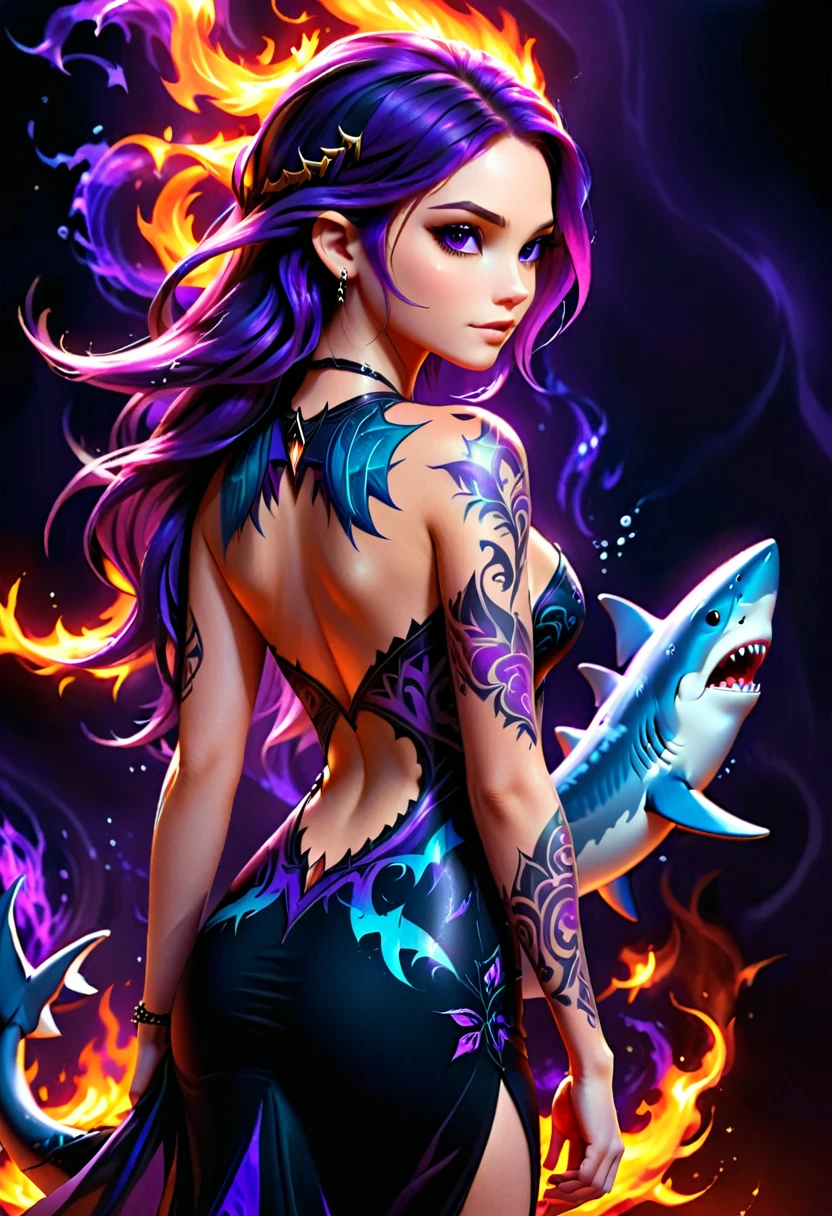  a picture of a an elf with  a ((tattoo of a shark: 1.5)) on her back, Dark fantasy art, fantasy art, goth art,, a glowing tattoo of a ((shark: 1.3)) on the back of the elf, the ((shark tattoo)) is vivid, intricate detailed coming to life from the ink to real life, GlowingRunesAI_purple, ((fire surrounds the shark: 1.5)), shoot taken from the back, ((the back is visible: 1.3), she wears a transparent black dress, the dress is elegant, flowing, elven style, that the tattoos glow, dynamic hair color, dynamic hair style, faize,, Digital Painting, Intense gaze